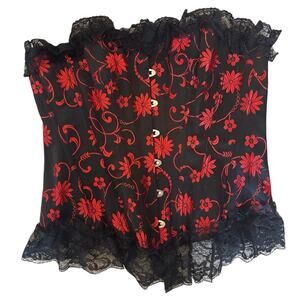 Vintage Gothic Black And Red Floral Print Overbust Corset w. Lace Trim - Size S